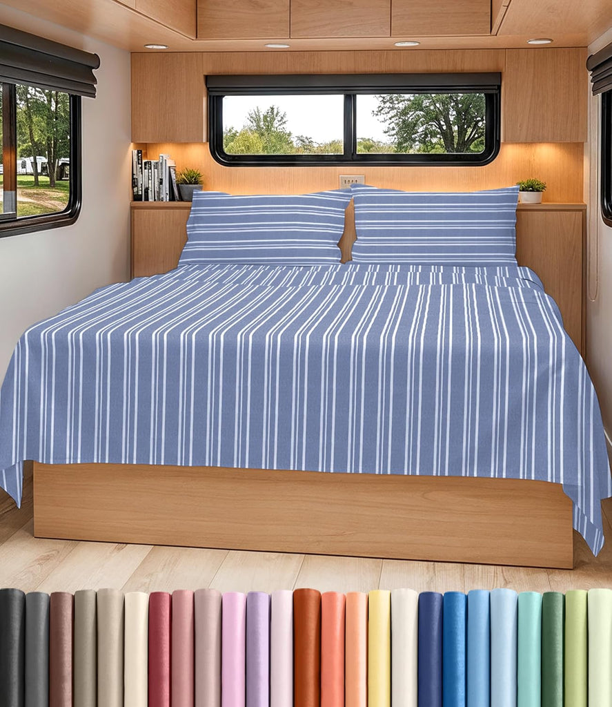 Short Queen Size 4 Piece Bed Sheet Set - RV Short Queen - Blue Stripes