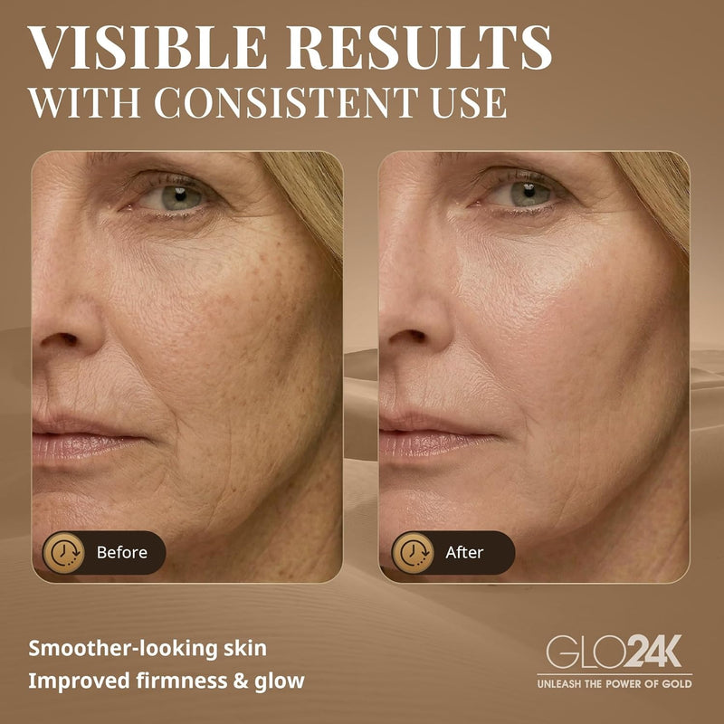 GLO24K UNLEASH THE POWER OF GOLD GLO24K - Dispositivo de belleza de luz roja para cara y cuello, masajeador facial y cuello 3 en 1 con triple LED y tecnología de vibración avanzada