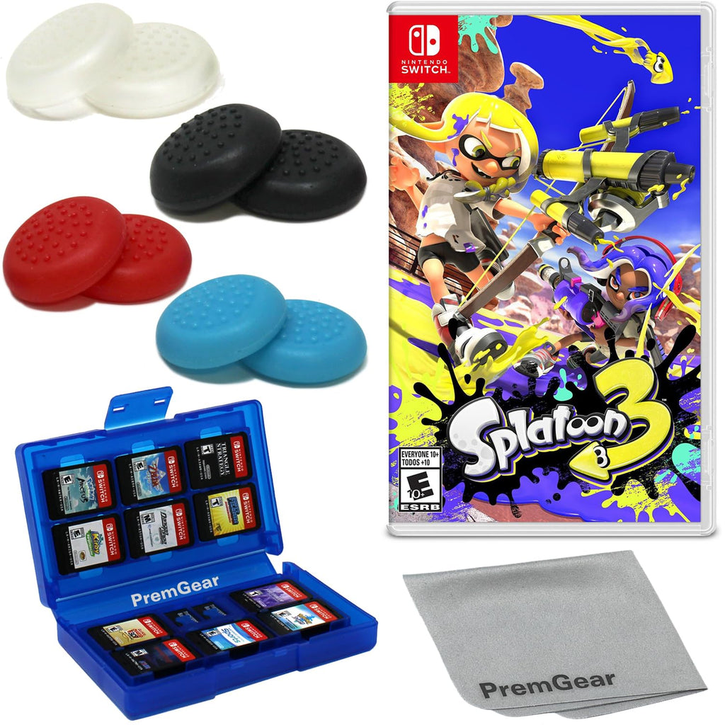 Splatoon 3 for Nintendo Switch (US Version), with PremGear Thumb Grips (8 pack - Black, Blue, Red & Clear), 24 Slot Game