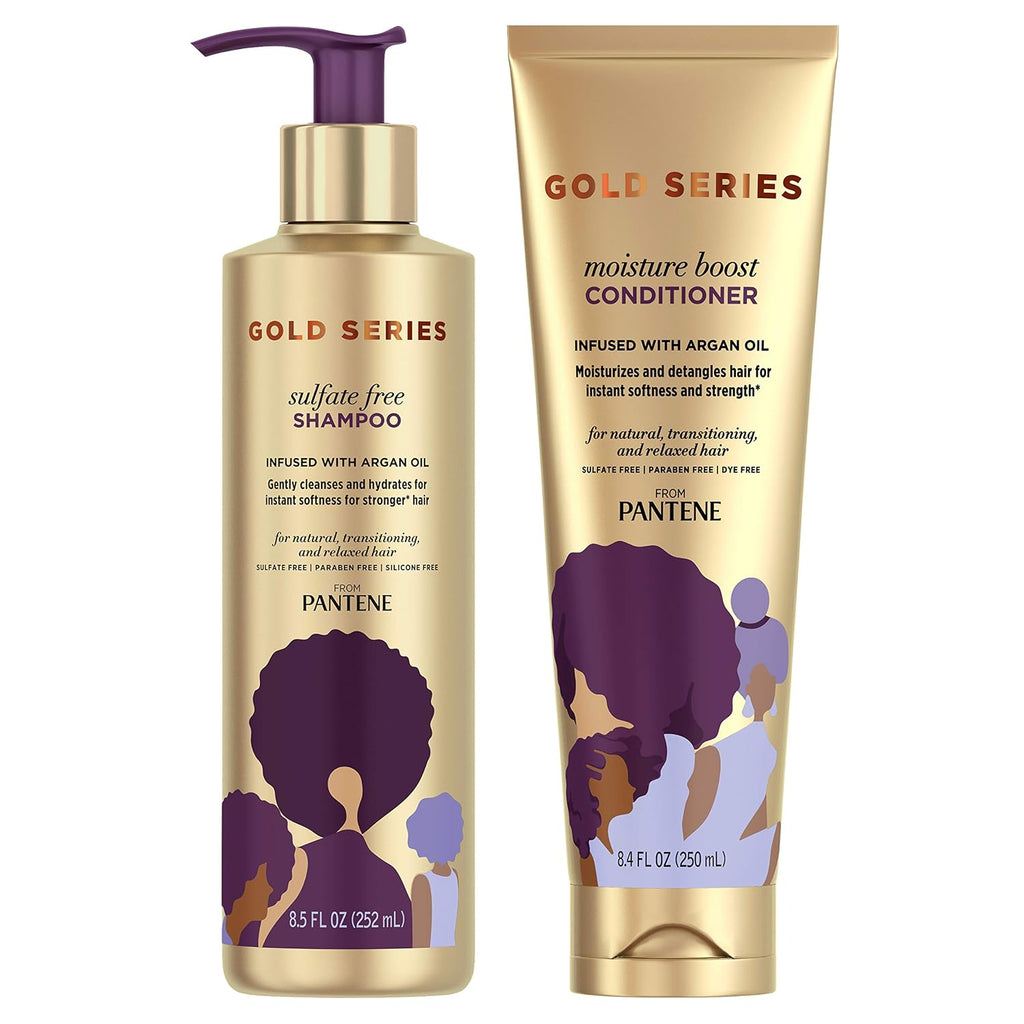Pantene Shampoo and Sulfate Free Conditioner Kit, with Argan Oil, Pro-V Gold Series, for Natural and Curly Textured Hair