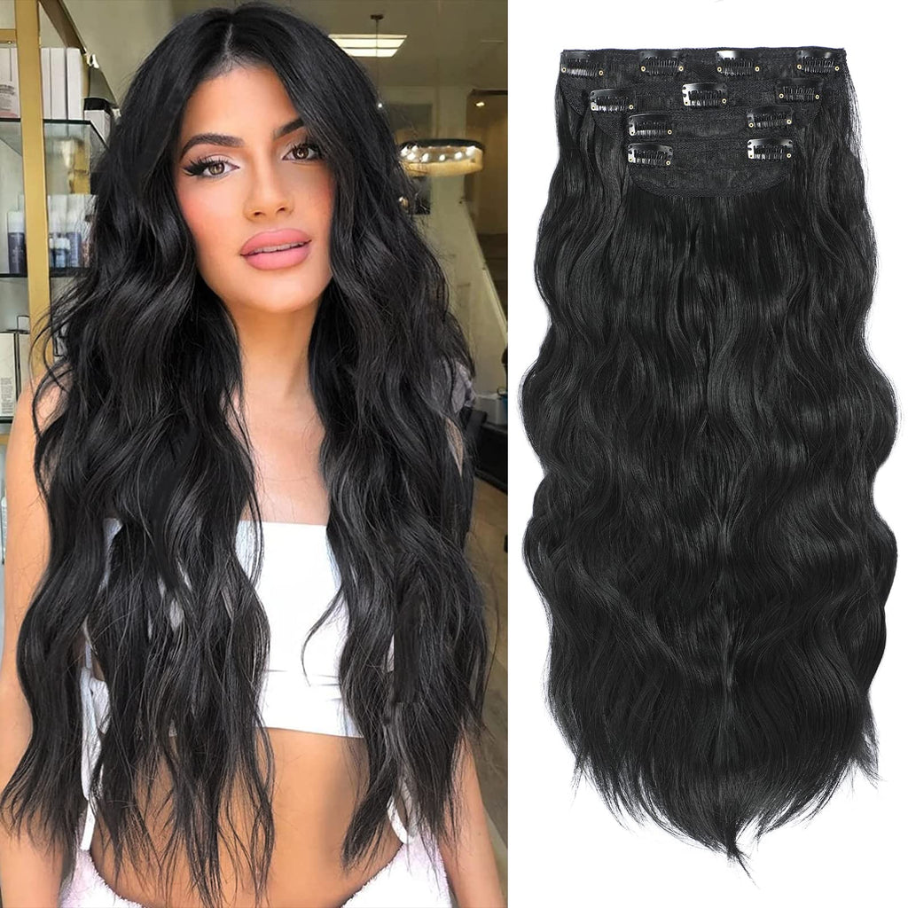 Clip in Hair Extensions, 20 Inch Black Wavy Hair Extensions Clip Ins for Women (4PCS Curly)