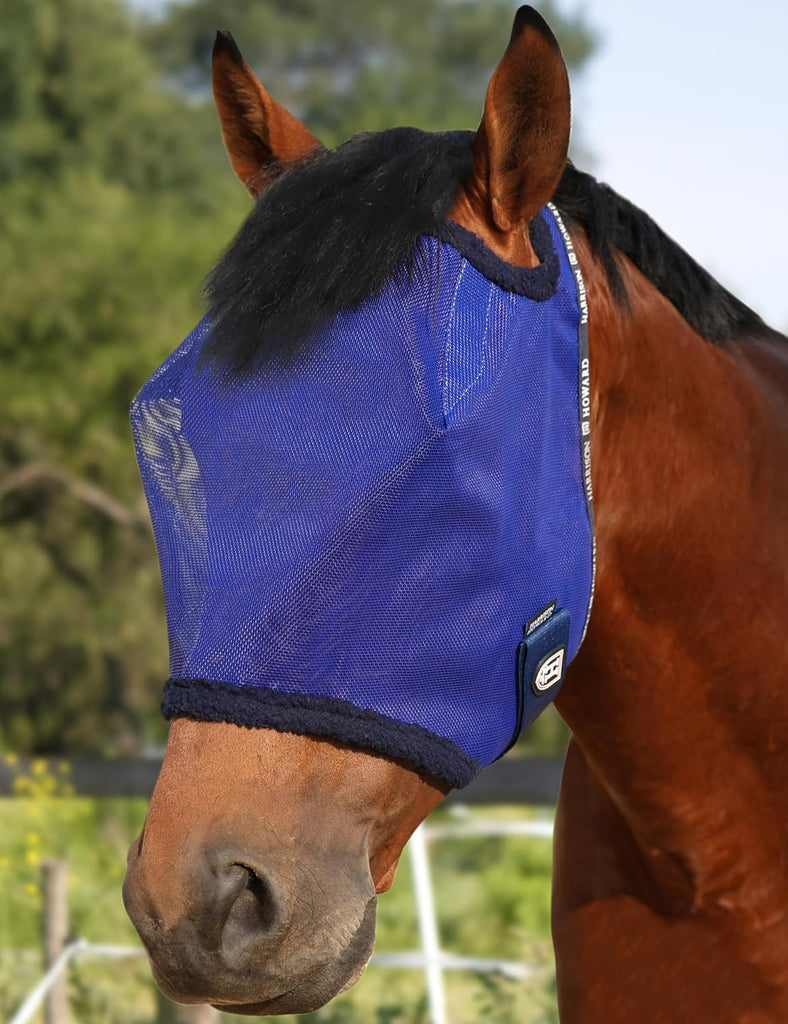 Harrison Howard All-Round Mesh Horse Fly Mask UV Protective with Fleece-Padded Edging Deep Navy L