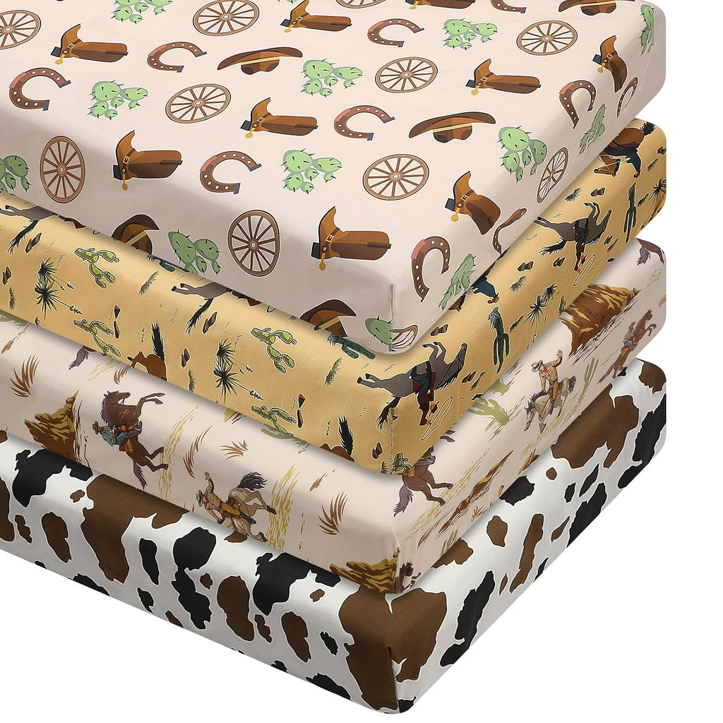 VitalCozy 4 Pcs Western Cowboy Crib Sheets, 52 x 28 x 8 Inches