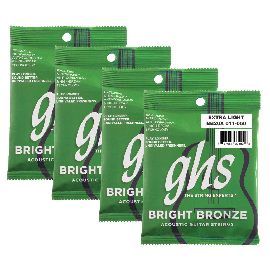 GHS Strings - Bright Bronze Acoustic Guitar Strings – 80/20 Bronze Copper-Zinc Alloy, Bright Tone, Extra Clarity, Long-Lasting Guitar Strings – Light Gauge 11-50 - (BB20X Set) Pack of 4