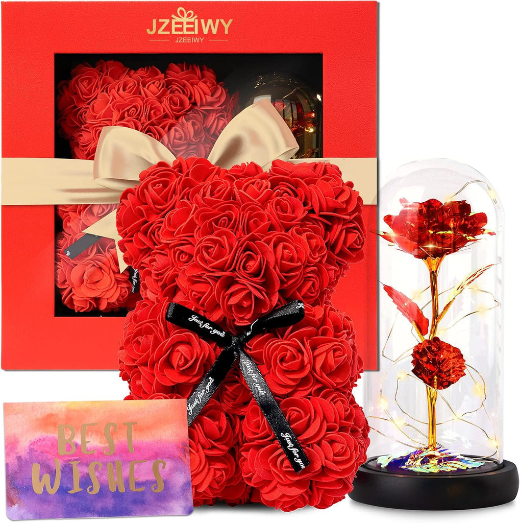 JZEEIWY Flower Rose Bear for Mom,Perfect Birthday Romantic Gift for Wife Daughter Girlfriend Friend Her,Light up Rose in Glass Dome for Birthday Anniversary Mothers Day Valentines Day