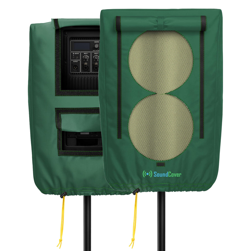 SoundCover Professional Grade 600D Protective Cover for Stand Mounted 12" PA/DJ Powered Speaker with SoundFlap - Green - Includes a 420D Storage Bag and reinforced yellow Paracord 700 draw cord