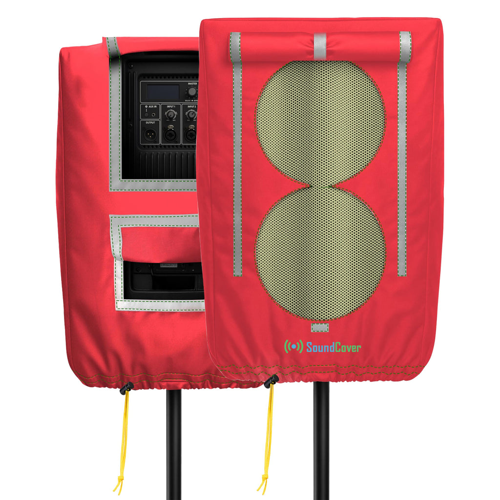 SoundCover Professional Grade 600D Protective Cover for Stand Mounted 10" PA/DJ Powered Speaker with SoundFlap - Red - Includes a 420D Storage Bag and reinforced yellow Paracord 700 draw cord