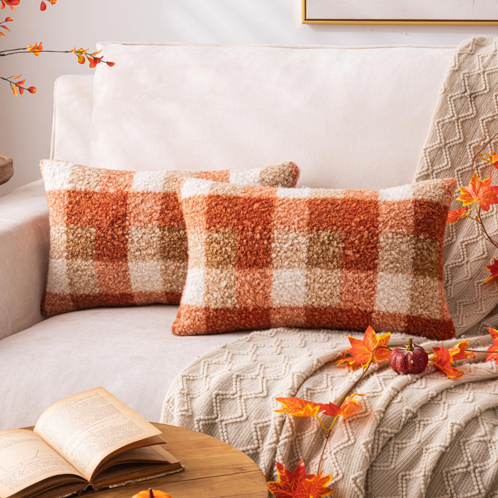 AQOTHES Plaid Fall Throw Pillow Covers Orange 12x20 Inch Set of 2