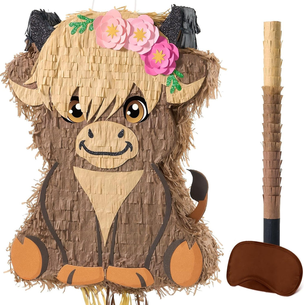 WERNNSAI Highland Cow Piñata - Scottish Cattle Piñata with Blindfold Bat
