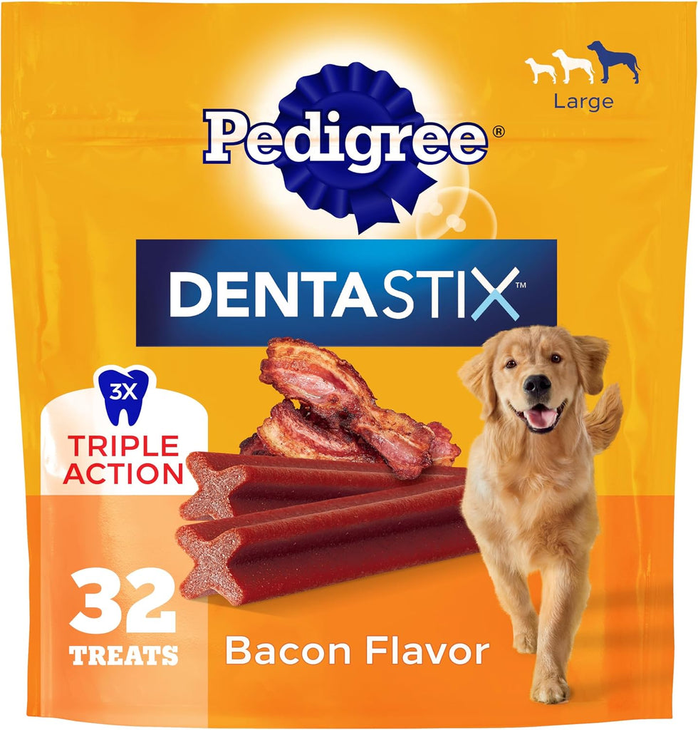 Pedigree Dentastix Large Breed Dental Dog Treats, Bacon Flavor, 32 Count