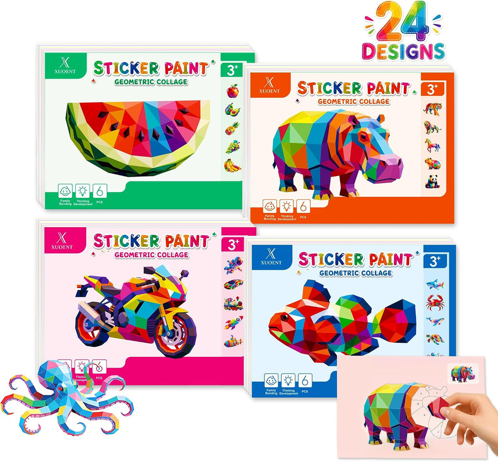 Xuoent Sticker by Number for Kids, 4-Pack Sticker Activity Books with 24 Designs, 3D Sticker Sets for Adults, Travel Toy