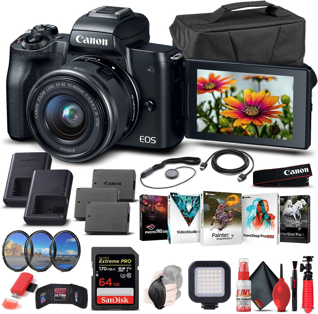 Canon EOS M50 with 15-45mm Lens & Battery (2680C011) (Black) Bundle
