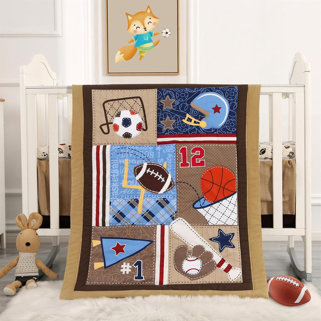 Wowelife Sports Mini Crib Bedding Set Boys Brown 3PCs Mini Crib Comforter Set Basketball Baseball Rugby Nursery Bedding