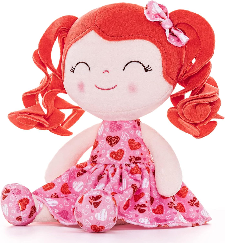 Gloveleya Soft Dolls Plush Figure Key Chain Curly Hair Red Hair Heart Dress Baby Doll 12inches