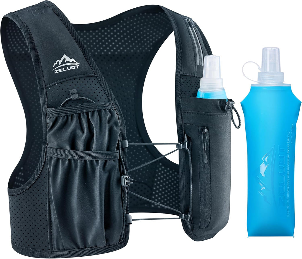 Zelvot Running Vest for Women Men, USA Original Patent, Adjustable Chest Straps Running Hydration Vest with 500ml Soft Flask, Lightweight Reflective Hydration Backpack for Hiking Marathon (Black, M/L)