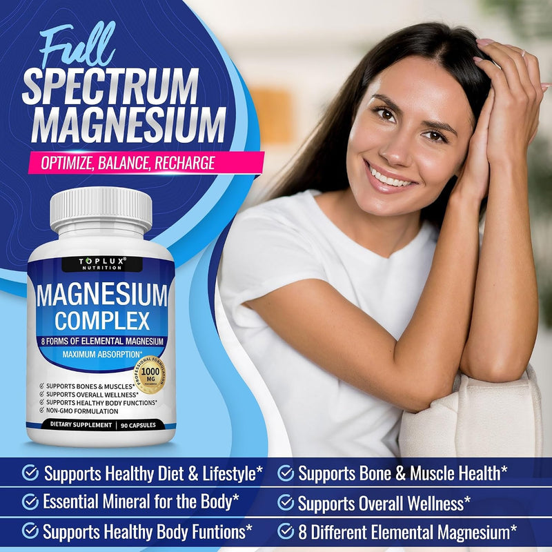 Toplux Complejo de magnesio Suplemento 8 Elemental 1000mg - Glicinato de magnesio, citrato, malato, taurato, quelado para una fácil absorción para huesos, músculos, recuperación, energía, vegano sin O