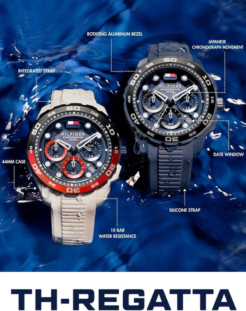 Tommy Hilfiger TH-Regatta Men's Chronograph Quartz Watch – 44mm Stainless Steel Case, Rotating Bezel, Silicone Strap, Nautical- Inspired Sport Style, Gift for Him