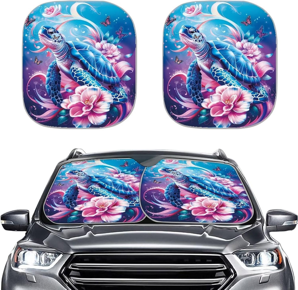 YMPUDXFI Boho Flower Sea Turtle Sun Shade for Car Windshield 2 Pcs Front Window Sunshade Cover Animal Sea Turtle Car Acc