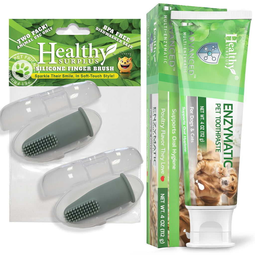 Enzymatic 4 Oz Poultry Flavored Pet Toothpaste and Silicone Fingerbrush Twin Pack | Fresh Breath, Plaque & Tartar Control | Dog & Cat Tooth Brushing Kit Oral Care for Pets