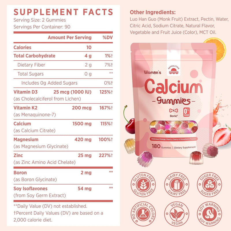 Nepeolithia Gomitas de calcio para mujer, 1500 mg de citrato de calcio con vitamina D3, K2, magnesio, zinc, boro y isoflavonas de soja, suplemento de calcio, vegano, cero azúcar, sabores mixtos de fru