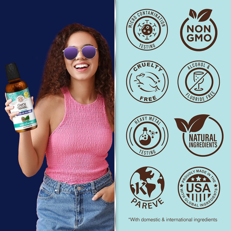 GuruNanda Extracto de aceite de coco, enjuague bucal blanqueador y aliento fresco, 7 aceites esenciales y vitaminas para dientes y encías felices, sin alcohol, 16 onzas