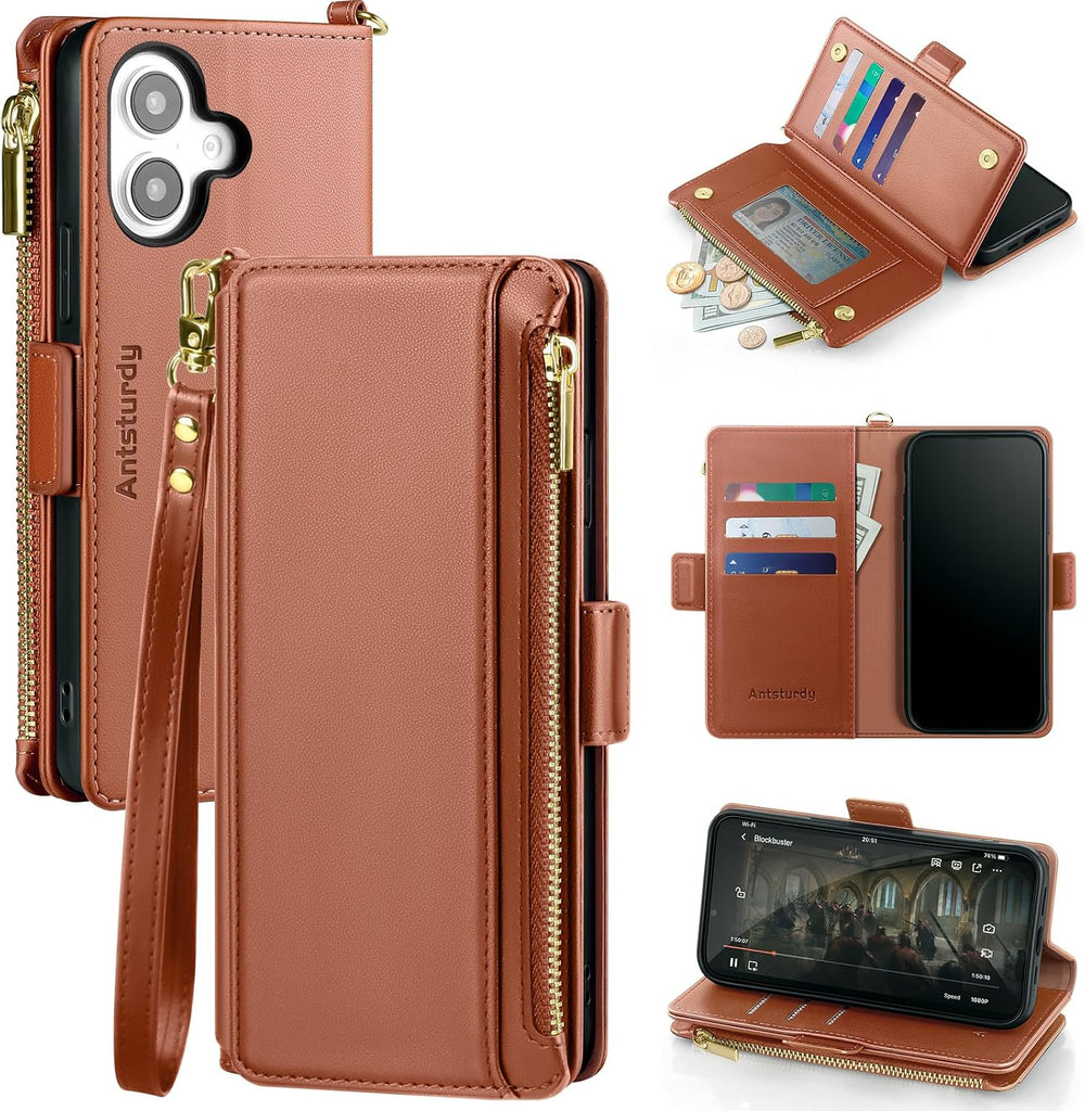 Antsturdy for iPhone 16 Phone Wallet Case Women,Light Brown