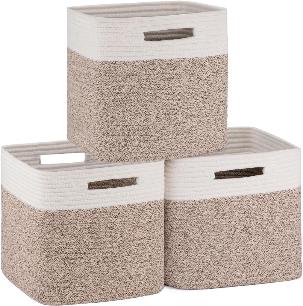 OIAHOMY Cube Storage Basket, 3-Pack Woven Cotton Rope Baskets, 11-Inch Cube Basket with Handles, Great for Shelves, Clos