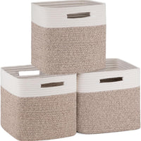 OIAHOMY Cube Storage Basket, 3-Pack Woven Cotton Rope Baskets, 11-Inch Cube Basket with Handles, Great for Shelves, Clos