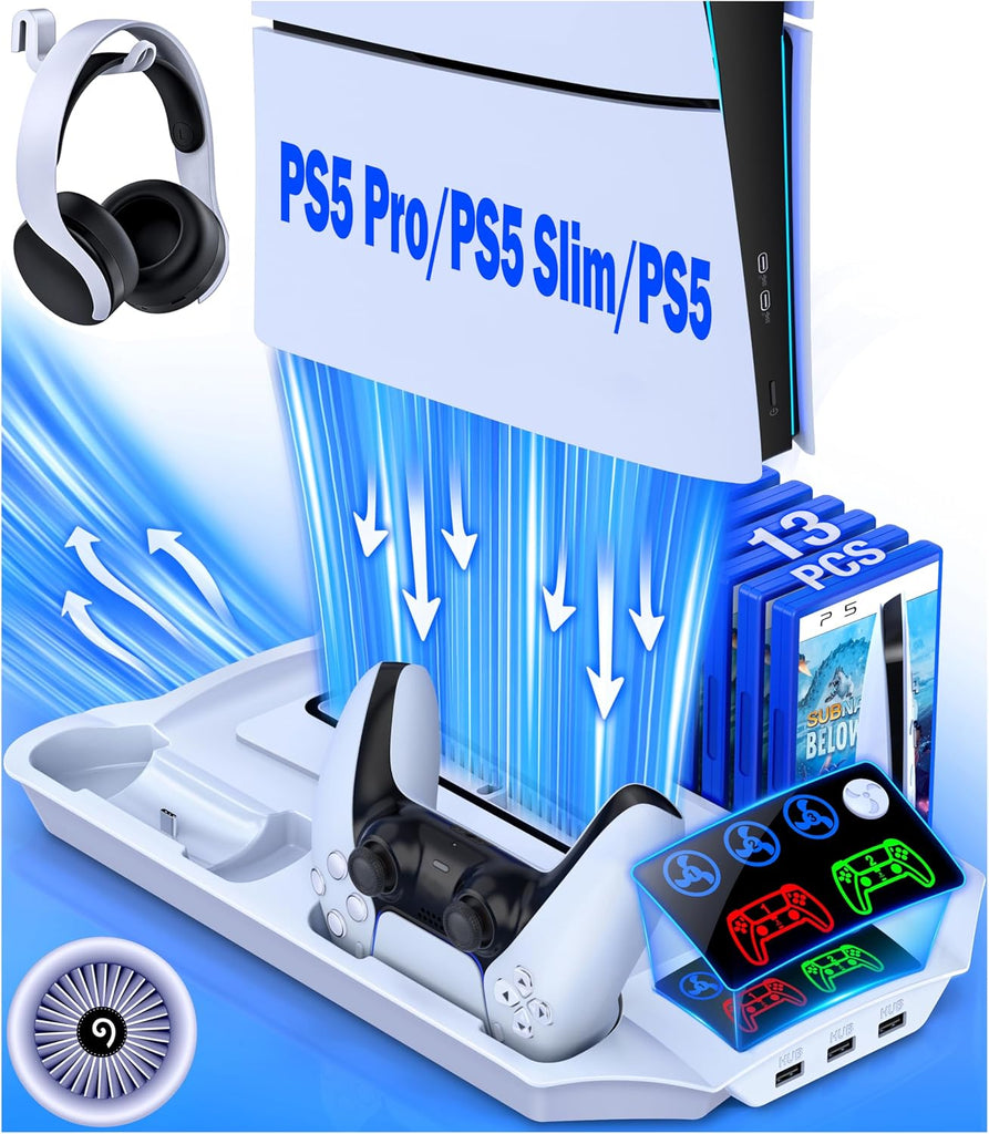 PS5 Pro/Slim/PS5 Stand and Cooling Station with Controller Charging Station for Playsation 5 Disc Digital Console, PS5 Accessories Incl. 3 Levels Cooling Fan, 13 Game Slots, 3 USB HUB, Headset Holder