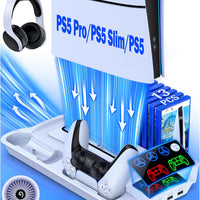 PS5 Pro/Slim/PS5 Stand and Cooling Station with Controller Charging Station for Playsation 5 Disc Digital Console, PS5 Accessories Incl. 3 Levels Cooling Fan, 13 Game Slots, 3 USB HUB, Headset Holder