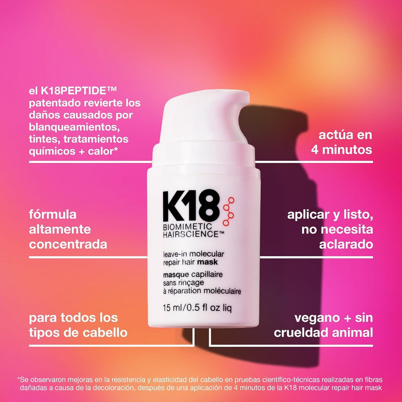 K18 Mascarilla Molecular Capilar Sin Enjuague, Repara el Cabello Seco o Dañado, Revierte el Daño Capilar por Decoloración, Color, Servicios Químicos y Calor