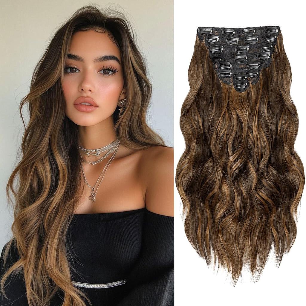 Hair Extensions Clip Ins, 8PCS 20 Inch Wavy Dark Brown Mix Light Brown Clip in Hair Extensions, Synthetic Lace Weft Hair