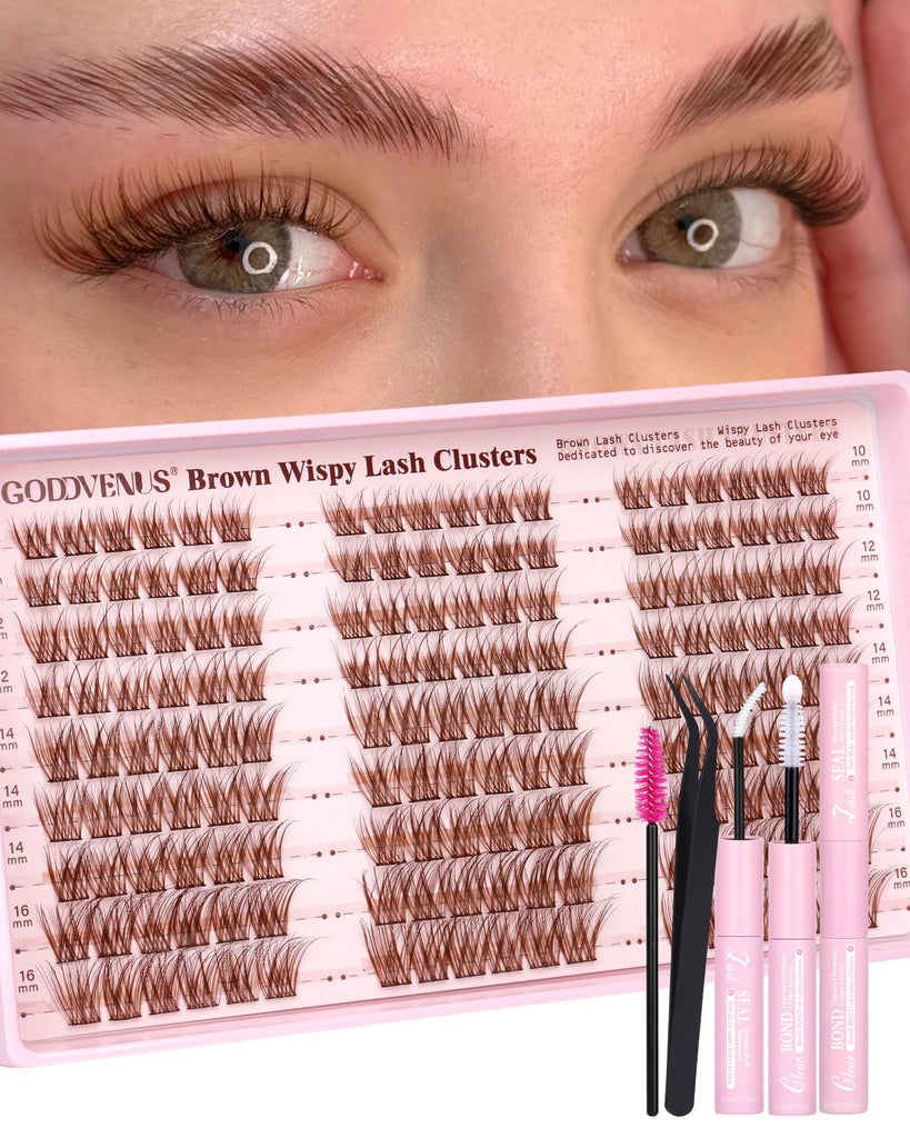 Goddvenus Brown Wispy Lash Clusters Kit Natural Cluster Eyelash Extensions Kit False Eyelashes Clusters Fluffy DIY Individual Lash Extensions Kit C Curl