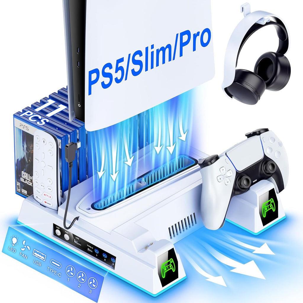 KICKDOT PS5 Cooling Station & Stand with Dual Controller Charger, 3-Level Turbo Fan for PS5/Pro/Slim – Includes Game Storage, RGB Lights | PS5 Accessories