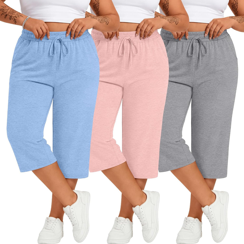 Neer 3 Pack Women's Plus Size Cotton Capris, 3-Color Set, XX-Large
