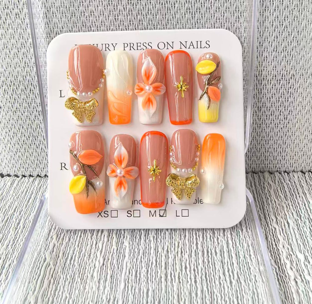 Handmade Press on Nails Long Square Fake Nails Yellow French Tip with 3D Flower Bow Designs luxury Charm Glossy Beach Cu