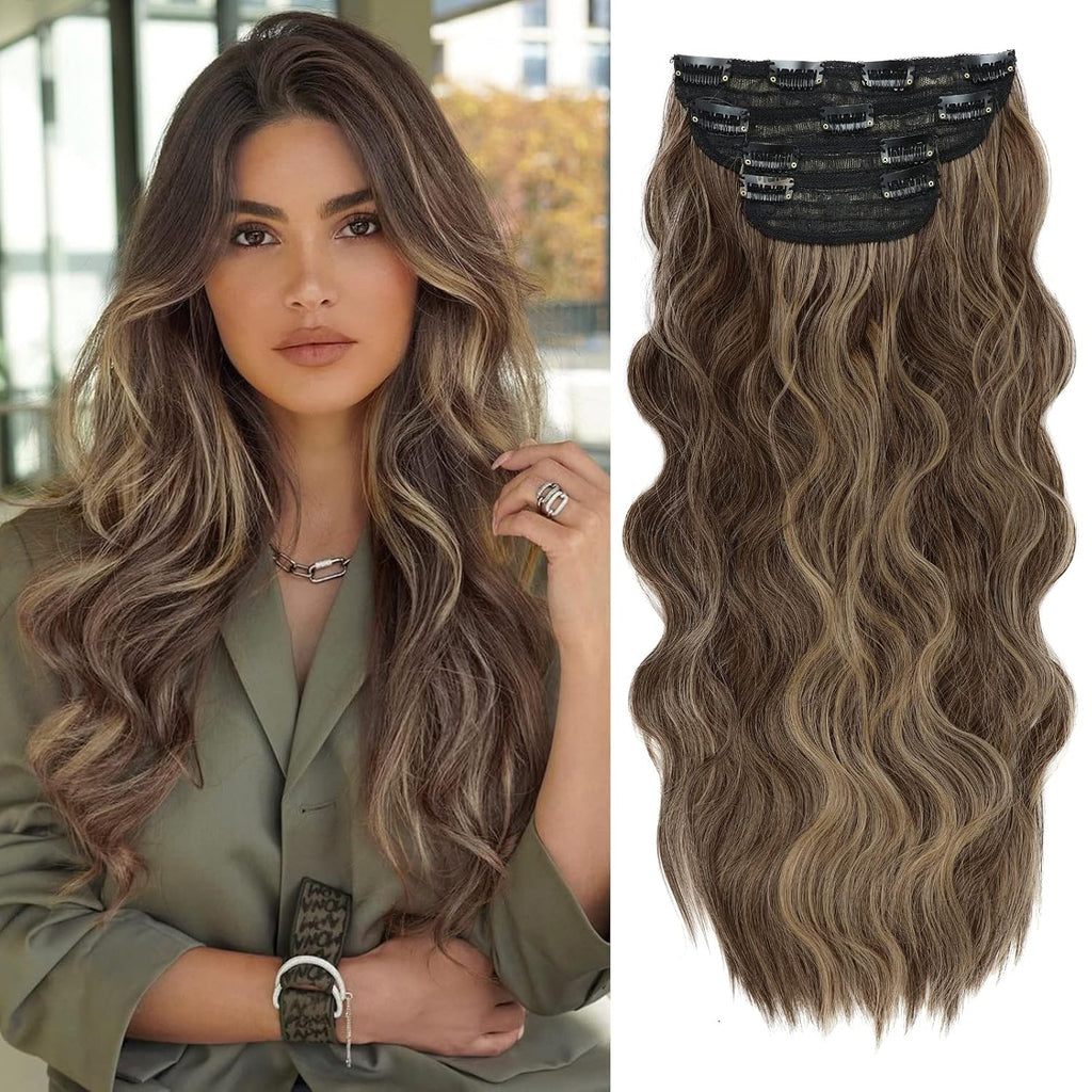 Clip in Hair Extensions, 20 Inch Medium Brown Mixed Golden Blonde Hair Extensions for Women 4PCS Curly Hair
