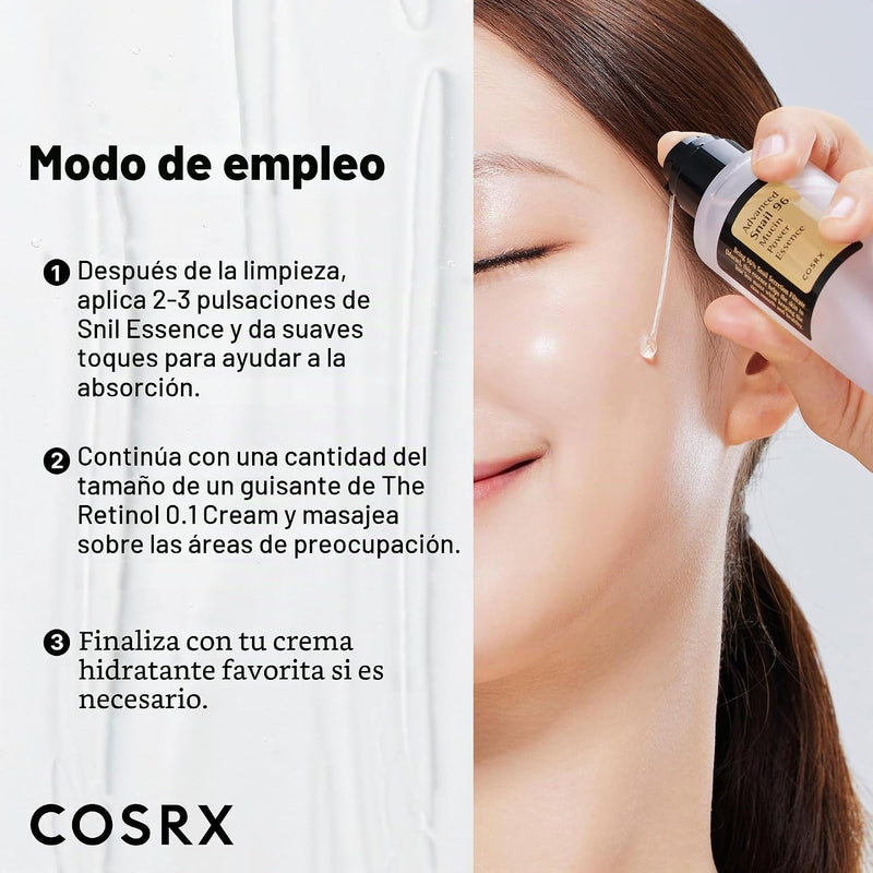 COSRX Snail 96% Mucin Power Essence 2ea y Retinol 0.1% Cream Mini Sample 1ea, juego de inicio de piel de vidrio, exclusivo de Amazon, kit de cuidado de la piel coreano hidratante y reafirmante diario,