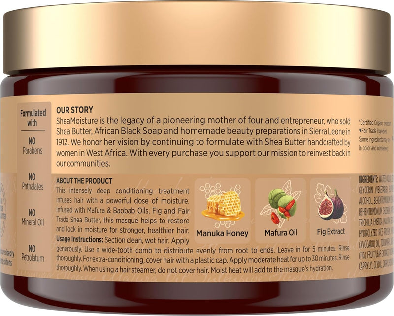 SheaMoisture Mascarilla de hidratación intensiva para el cabello, miel de manuka y aceite de mafura para cabello seco y dañado, tratamiento para el cabello profundo 11.5 oz