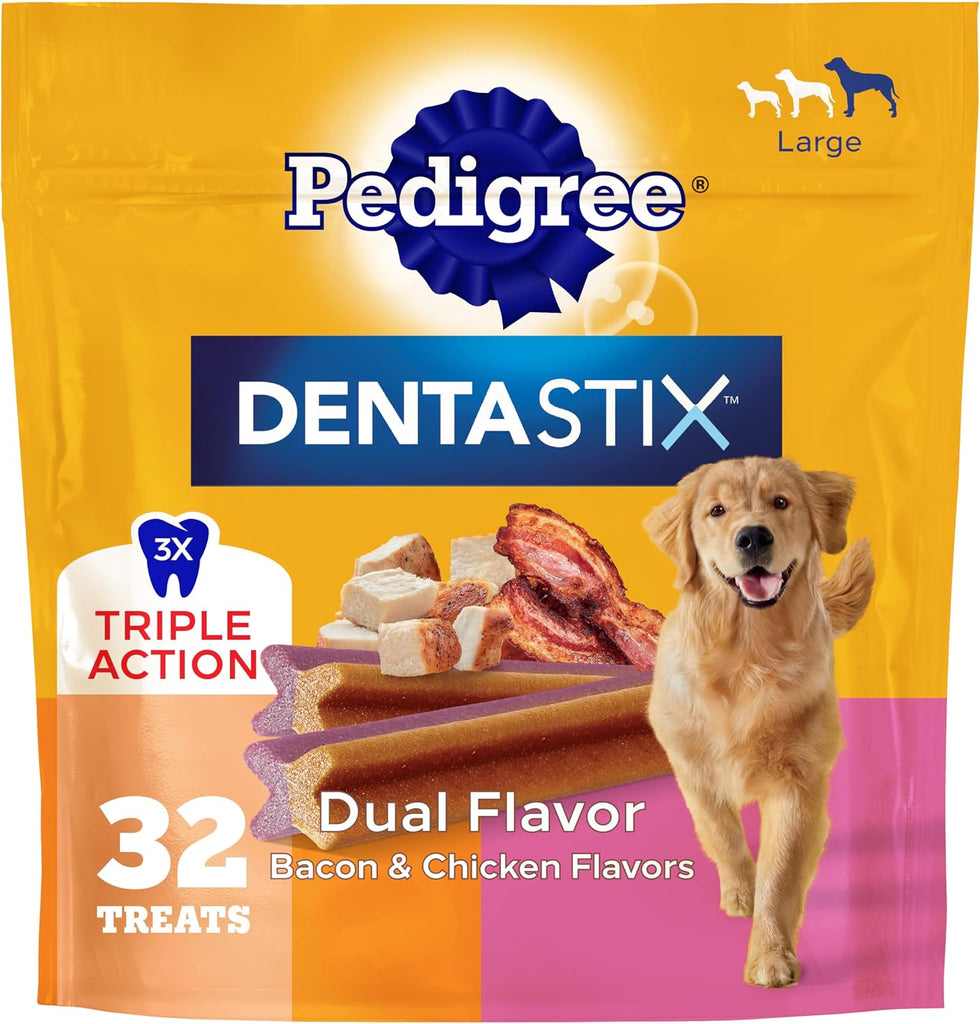Pedigree Dentastix Large Breed Dental Dog Treats, Dual Flavor, 32 Count