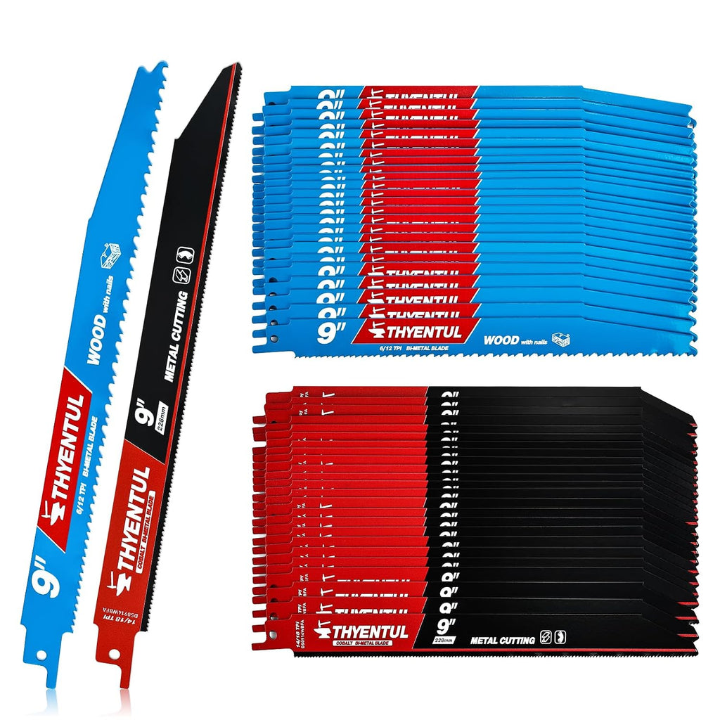 THYENTUL 50 Pack 9 Inch Universal Reciprocating Saw Blade Set, 25Pcs14/18 TPI and 25Pcs 6/12 TPI Bi-Metal Sawzall Blades