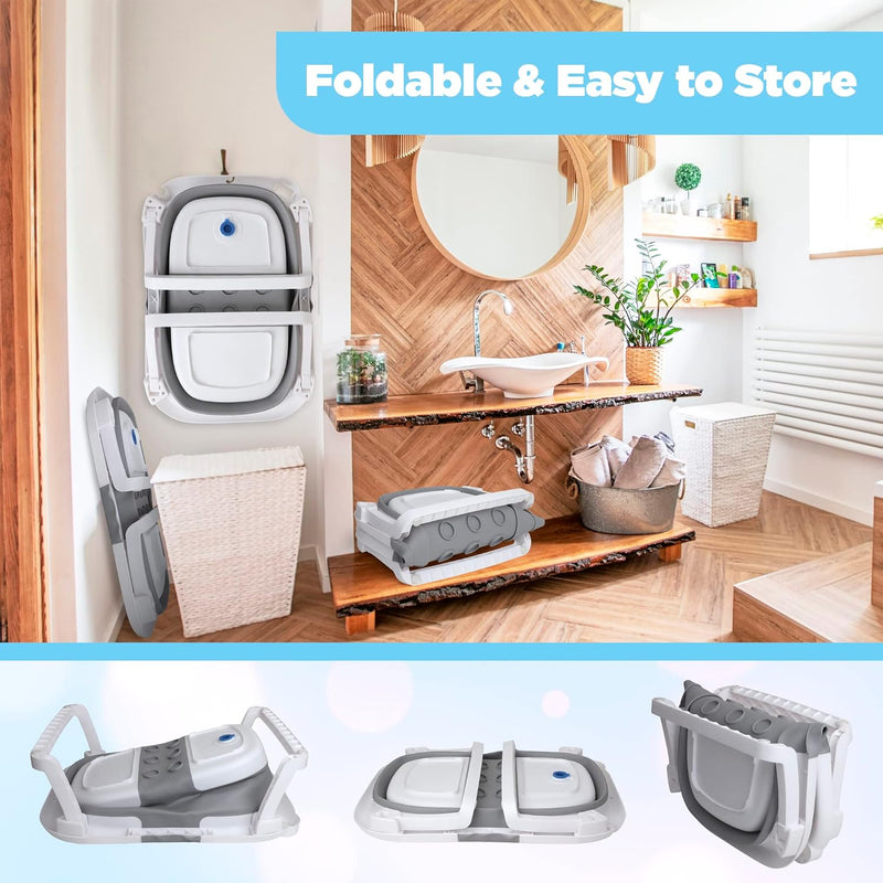 BEBELEH Bañera Plegable para Bebé con Termómetro y Doble Hamaca Gris