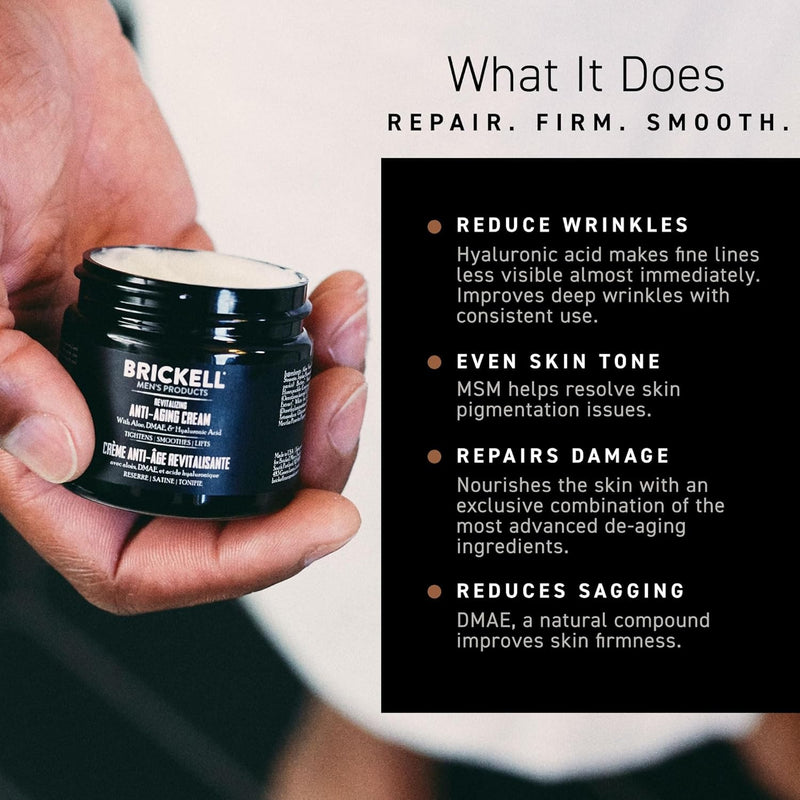 Crema revitalizadora antienvejecimiento Brickell Men's para hombres, crema de noche antiarrugas natural y orgánica para la cara para reducir líneas finas y arrugas, 2 onzas, sin fragancia