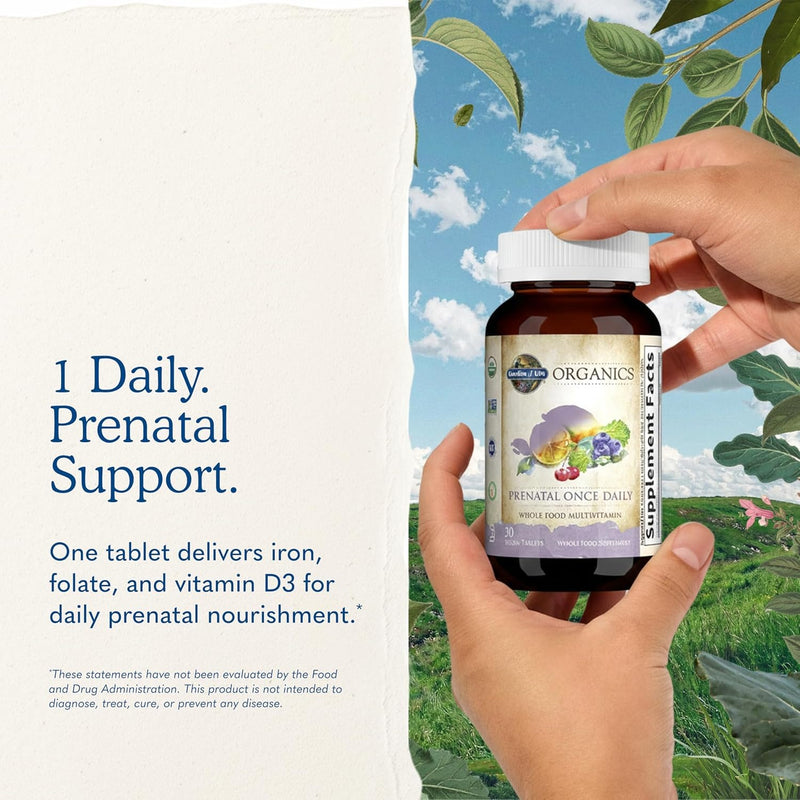 Garden of Life Organics Vitamina prenatal: Ácido fólico para energía y desarrollo fetal saludable, hierro sin estreñimiento, vitamina C, B6, B12, D3 – Orgánico, sin transgénicos, sin gluten, vegano