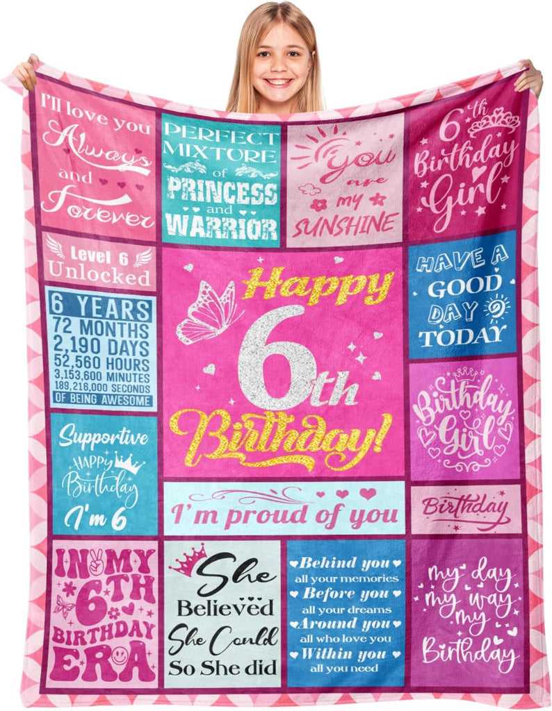 Lavua 6 Year Old Girl Birthday Gift, Happy 6th Birthday Blanket, 50" x 60"