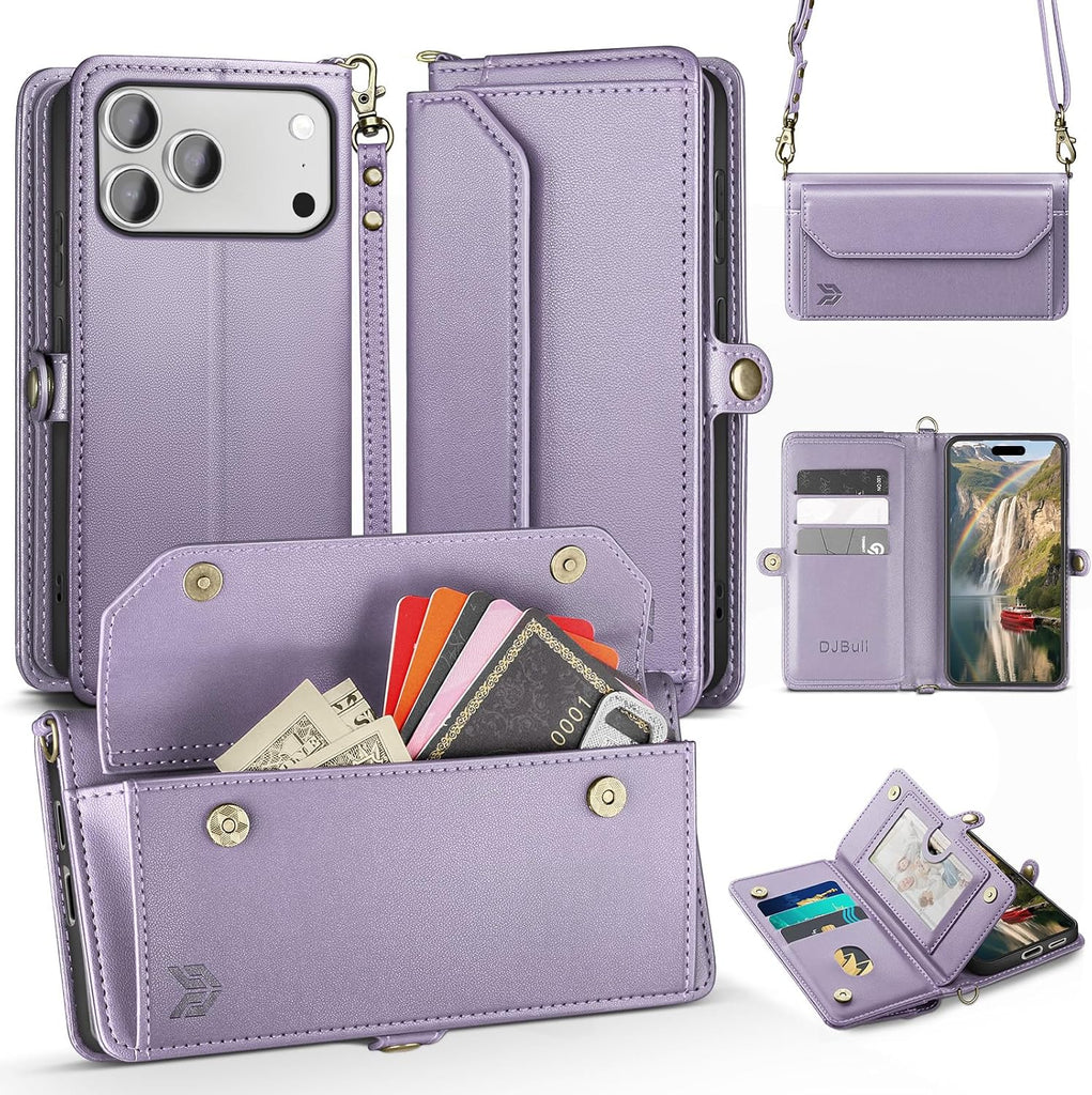 DJBull for iPhone 17 Pro Max 6.9" Wallet Case with Card Holder, Shoulder and Wristlet Straps, Soft PU Leather, Magnetic