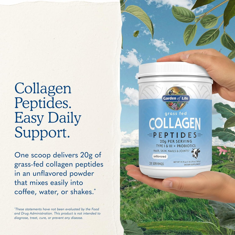 Garden of Life - Péptidos de colágeno en polvo a base de pasto – Polvo de colágeno insípido para mujeres hombres cabello piel uñas articulaciones, suplementos de proteína de colágeno hidrolizado, post
