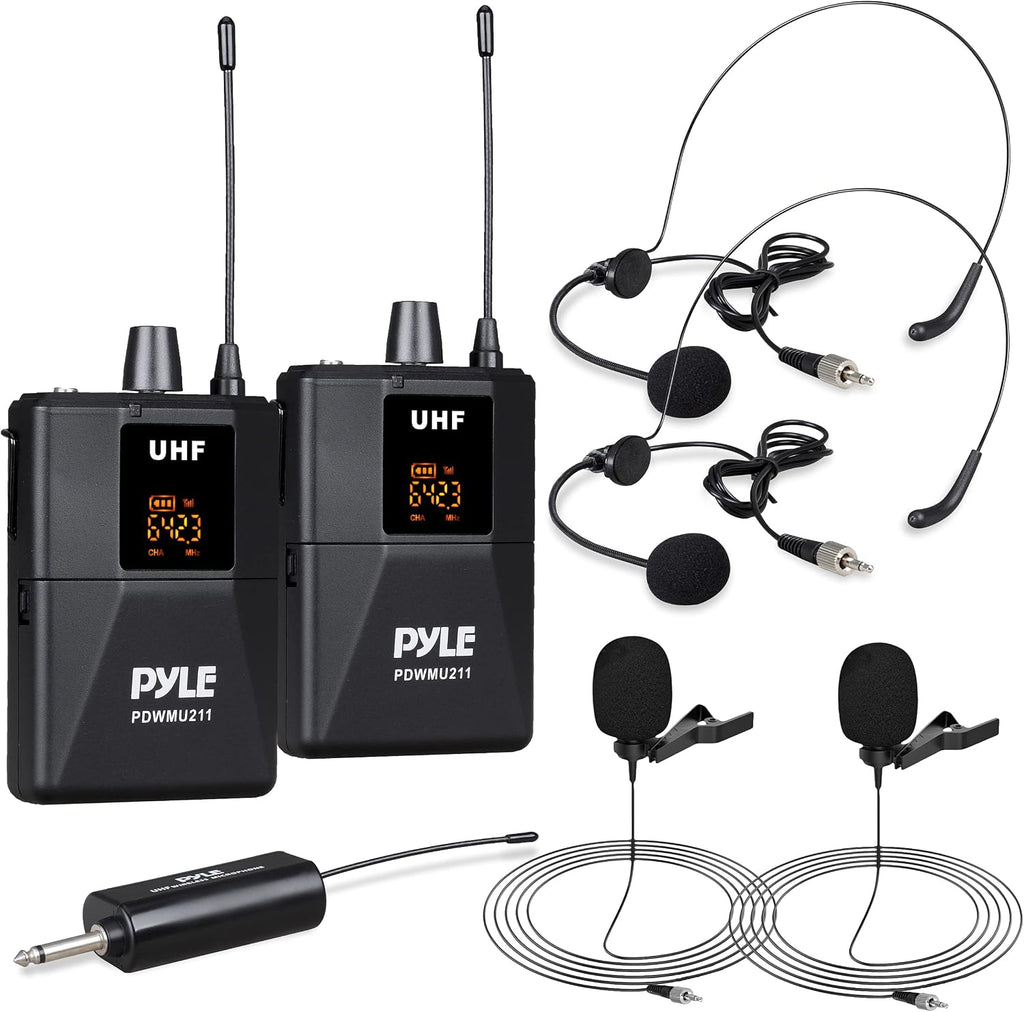 Pyle Dual UHF Microphone System - Portable Professional Cordless Microphone Set Wireless Mic Kit w/Headset / Lavalier Mi