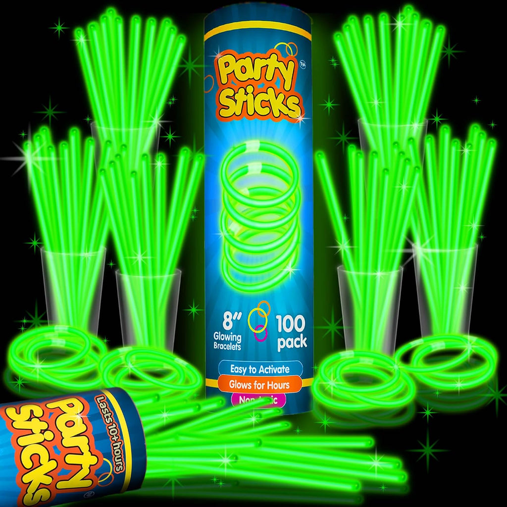 PartySticks Green Glow Sticks - 100pk, 8 Inch Glow in the Dark Light Up Sticks and Connectors for Party Favors, Decorati