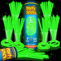PartySticks Green Glow Sticks - 100pk, 8 Inch Glow in the Dark Light Up Sticks and Connectors for Party Favors, Decorati